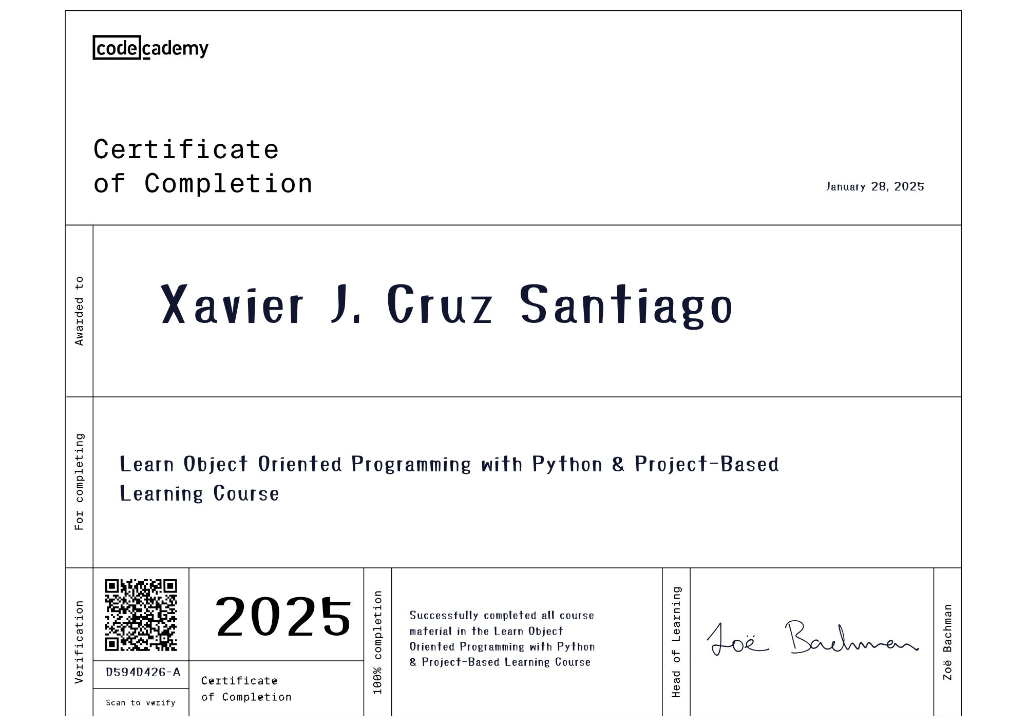 Learn Object Oriented Programming certificate