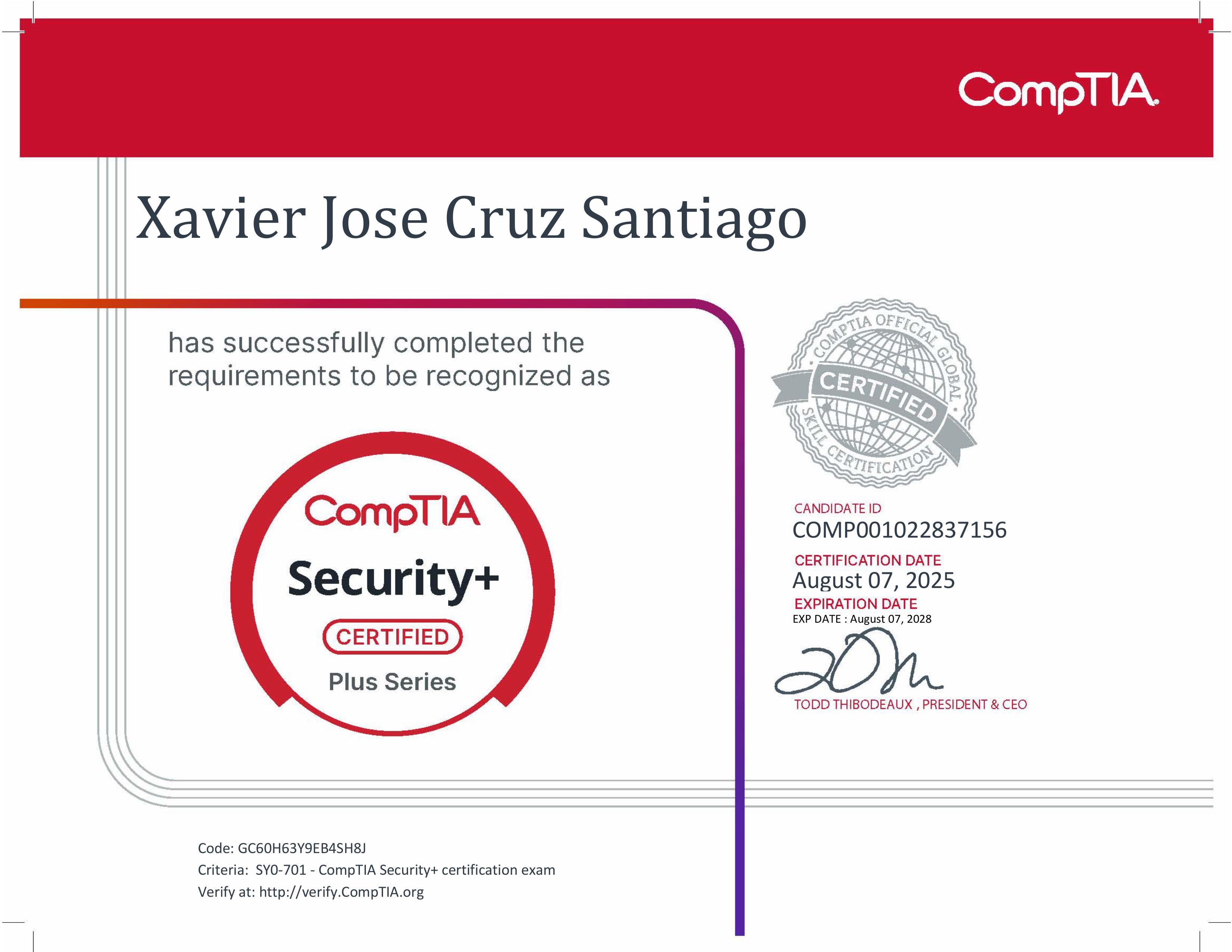 CompTia Security+ certificate