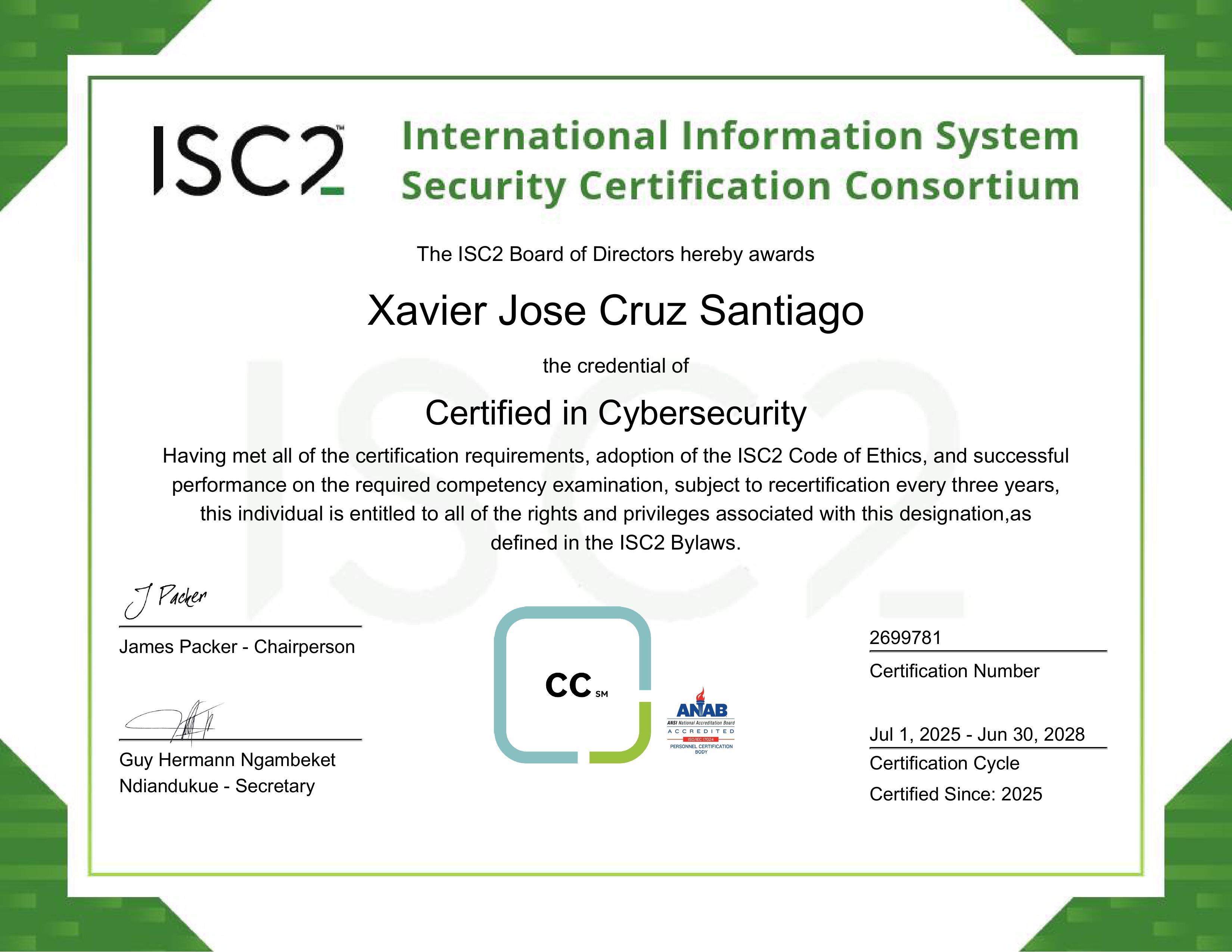 Certified in Cybersecurity (CC) certificate